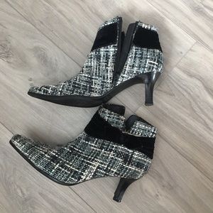 Black and white tweed ankle boots by Prediction.